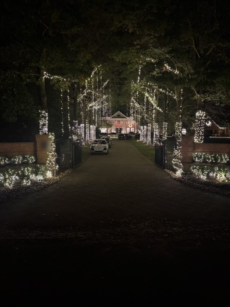 View through the front gate up a driveway under a canopy of lit trees to a house with roofline lights