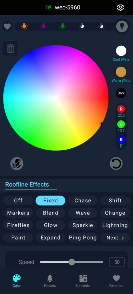Pixel Dancer app with a color wheel, warm and cool white buttons, and a list of roofline effects